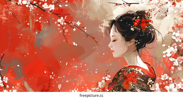 A Japanese Girl in Kimono with Cherry Blossoms