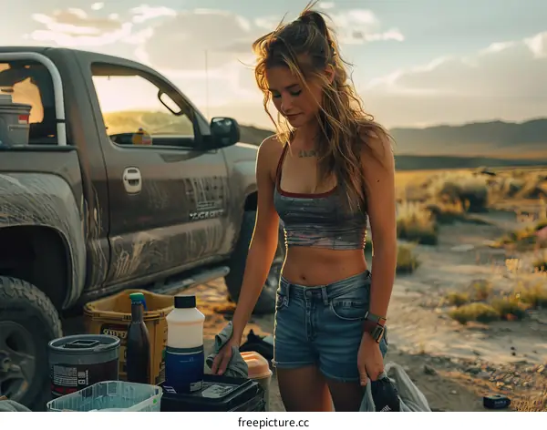 Young woman standing next to a truck in the desert