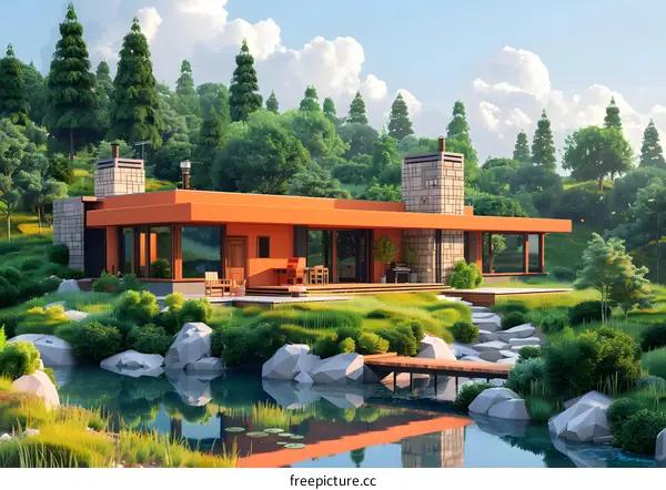 A modern house in the woods with a beautiful view of the lake