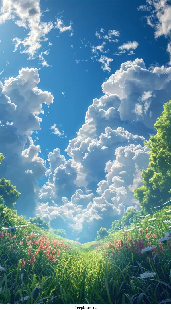 White clouds in the sky and green grass field