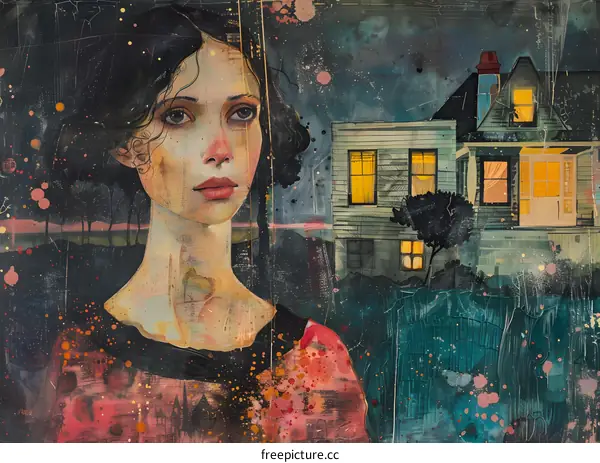 Woman Looking at a House at Night