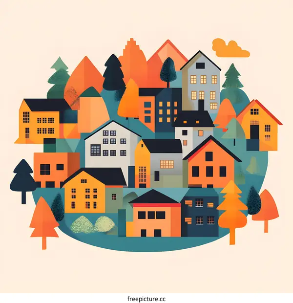 Colorful Illustration of a Small Town with Houses and Trees