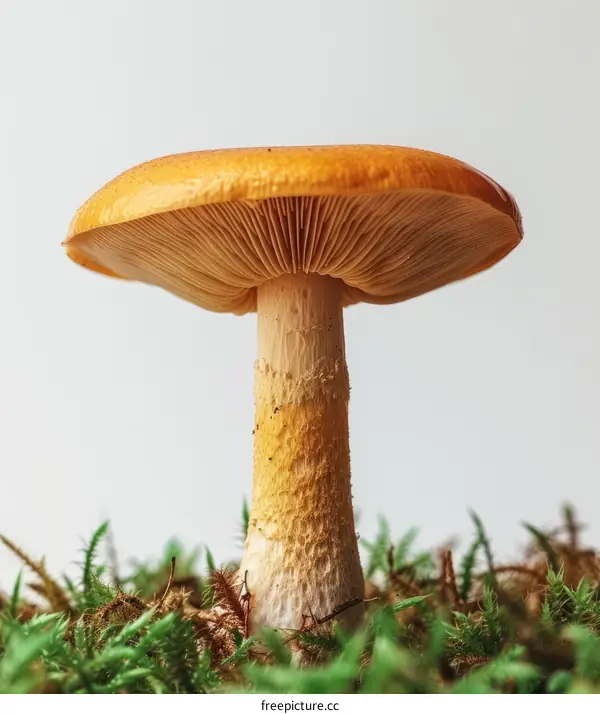 Orange cap mushroom on forest floor with moss