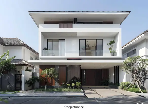 Modern Two Story Home Exterior with Balcony and Wooden Details