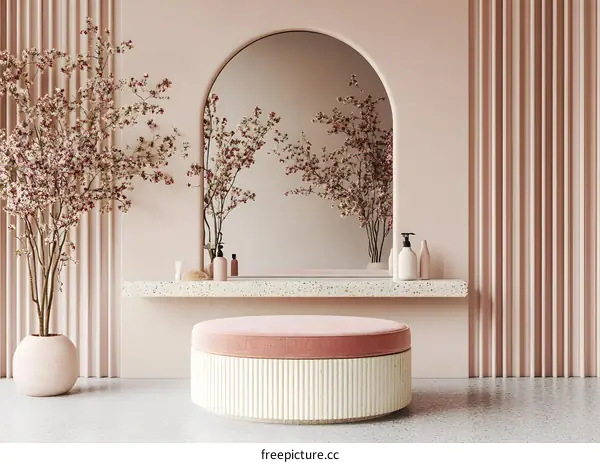 Minimalist Pink Bathroom Interior Design with White Round Ottoman and Arch Mirror