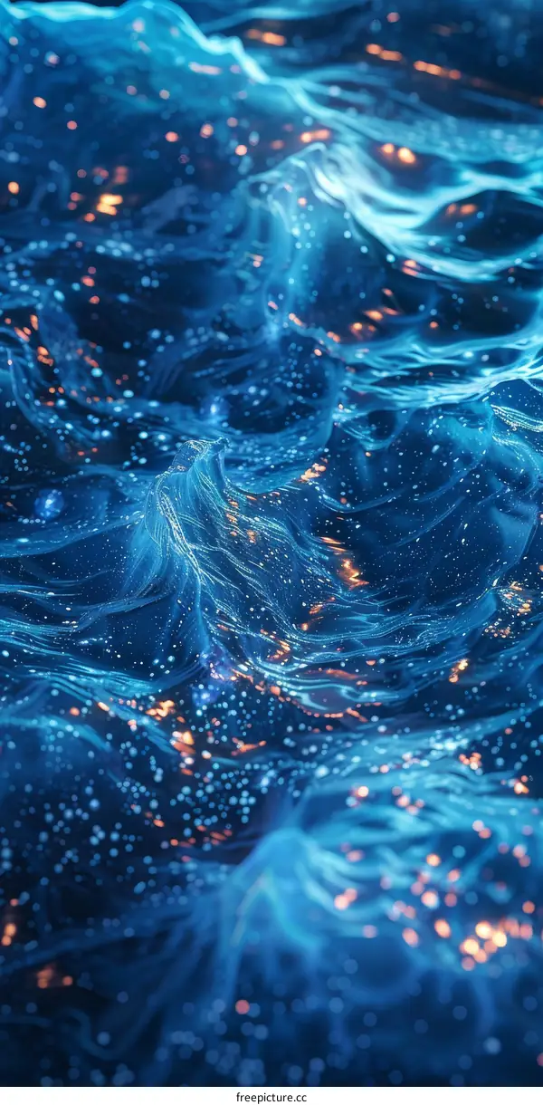 Abstract Blue Wavy Background with Glowing Particles