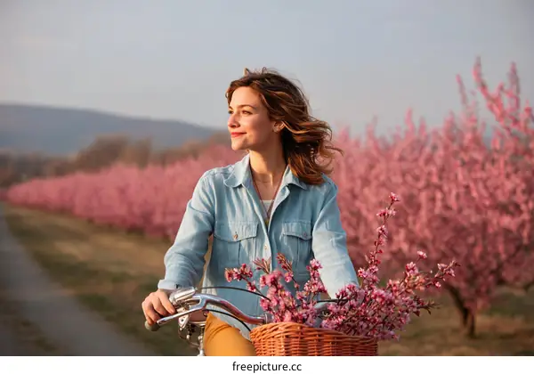 Woman Cycling Through Blooming Spring Orchard