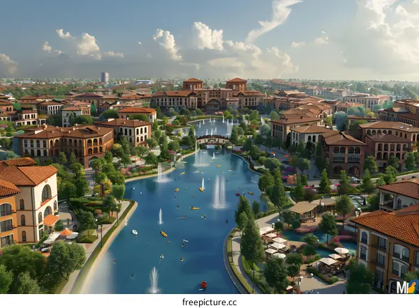 canal in city with residential buildings and lush green surroundings