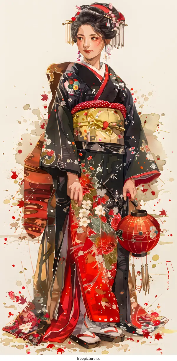 A woman wearing a kimono is holding a lantern.