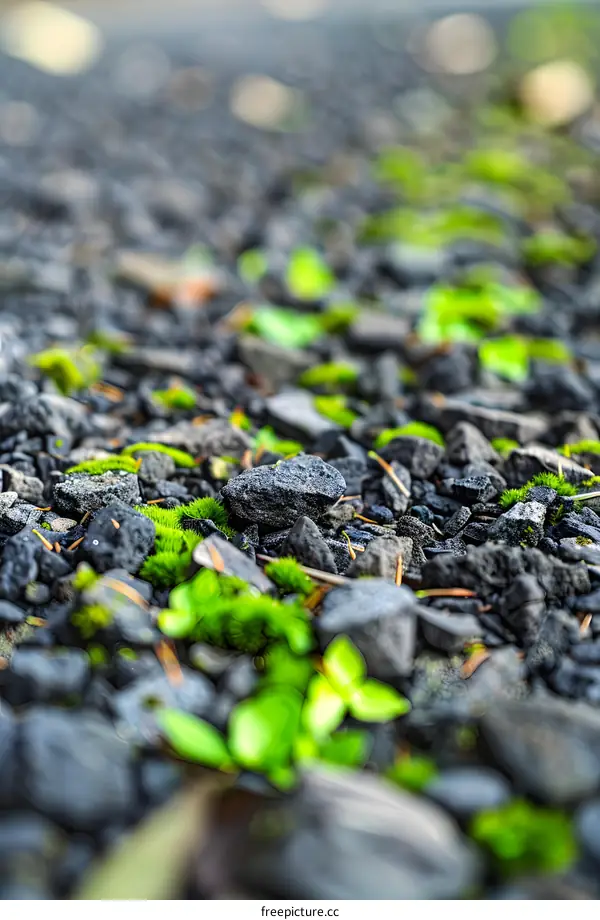 Green Moss Growing On Black Rocks