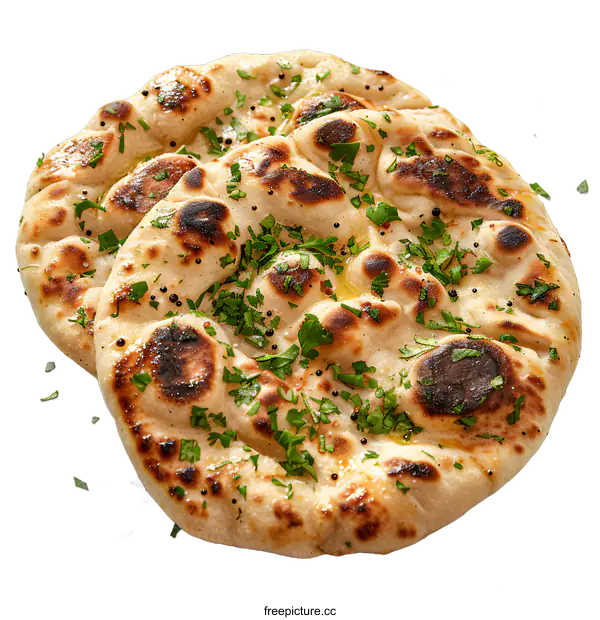 [Transparent Background PNG]Freshly baked naan bread with butter and herbs