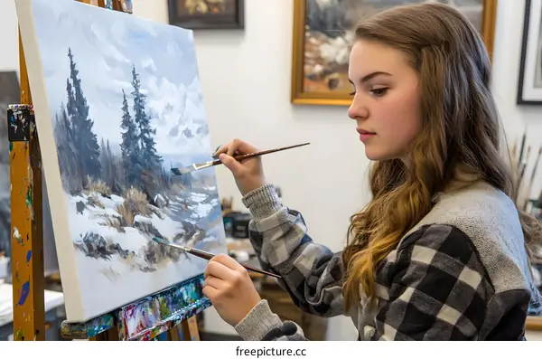 Young Female Artist Painting Winter Landscape