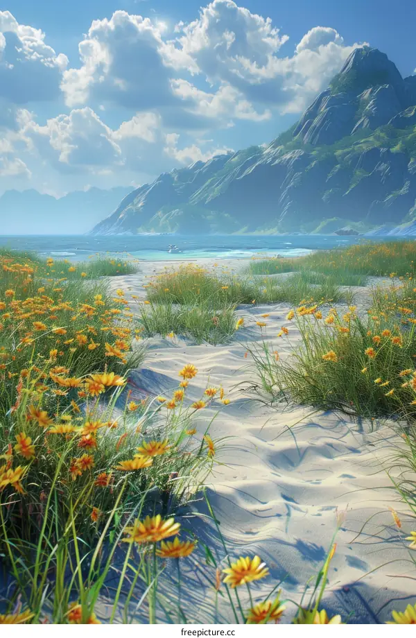 Tropical Paradise: Pristine Beach with Yellow Flowers and Majestic Mountains