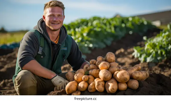 A farmer proudly poses next to a large pile of potatoes that he has harvested.