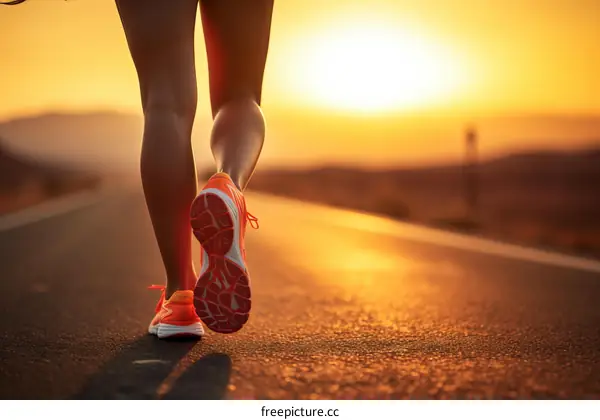 A runner is running on a road at sunset