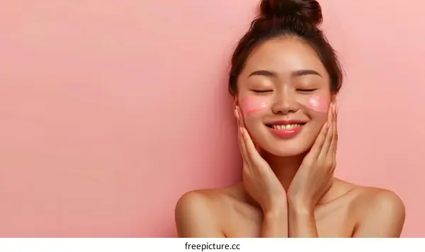 Asian Woman with Pink Face Mask on Pink Background