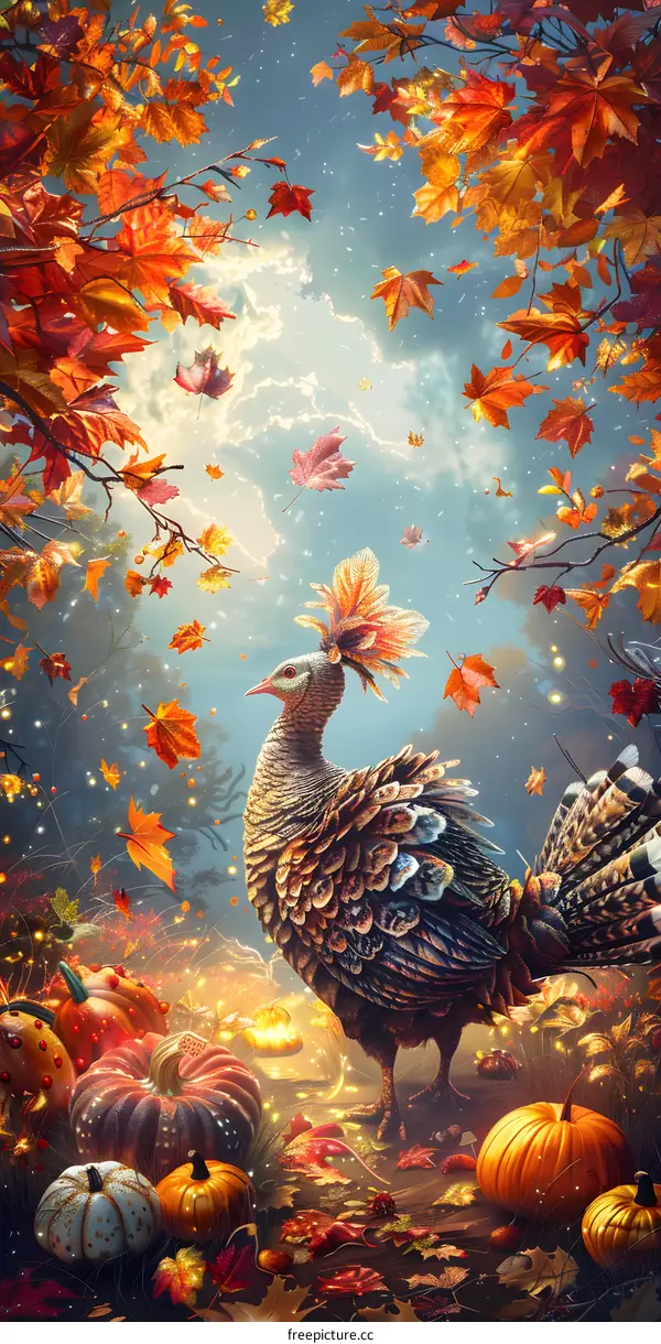 A turkey standing in an autumn forest