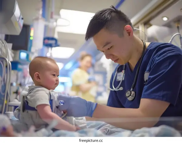 Asian male doctor examining a baby in a hospital