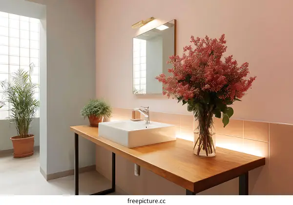Modern Pink Bathroom Sink with Plants and Flowers