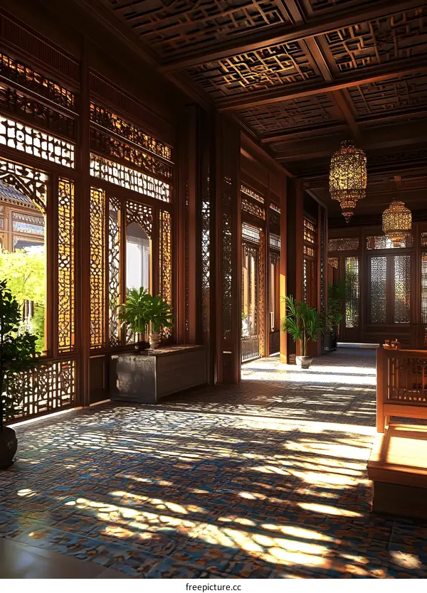 Traditional Chinese Architecture Interior Design with Wooden Lattice Windows and Tile Floor