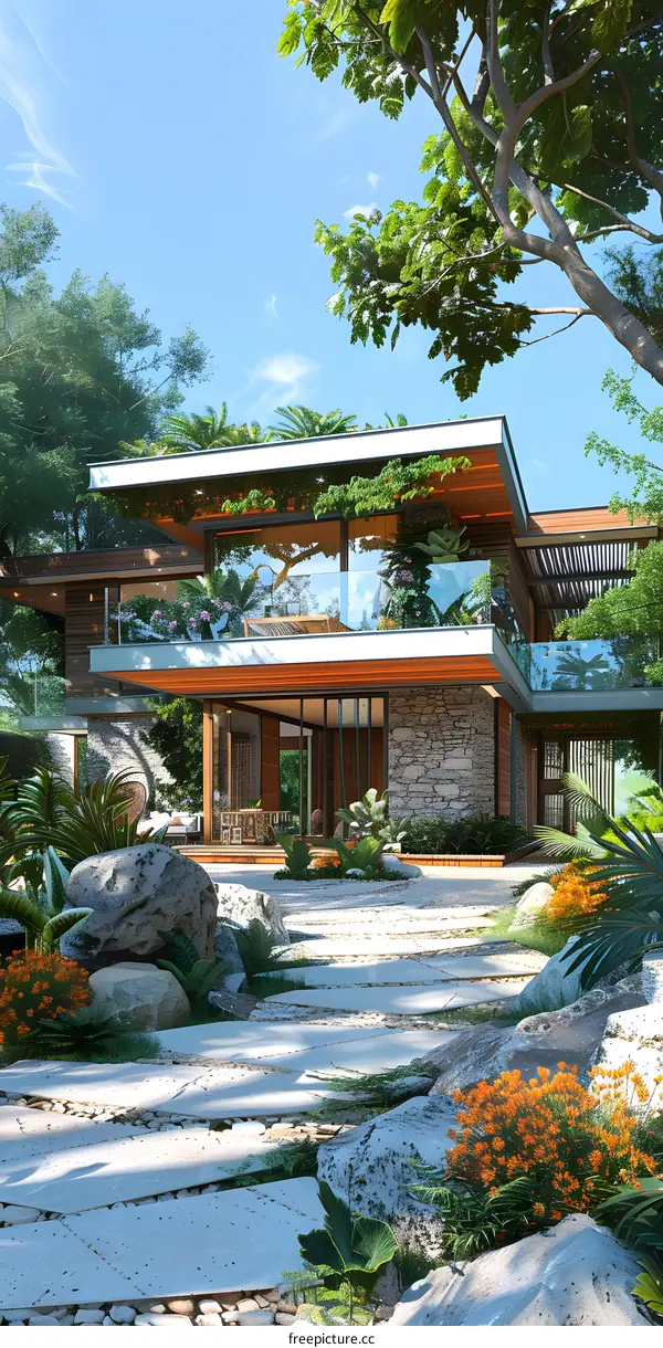 Modern Tropical House Design with Stone and Wood Elements