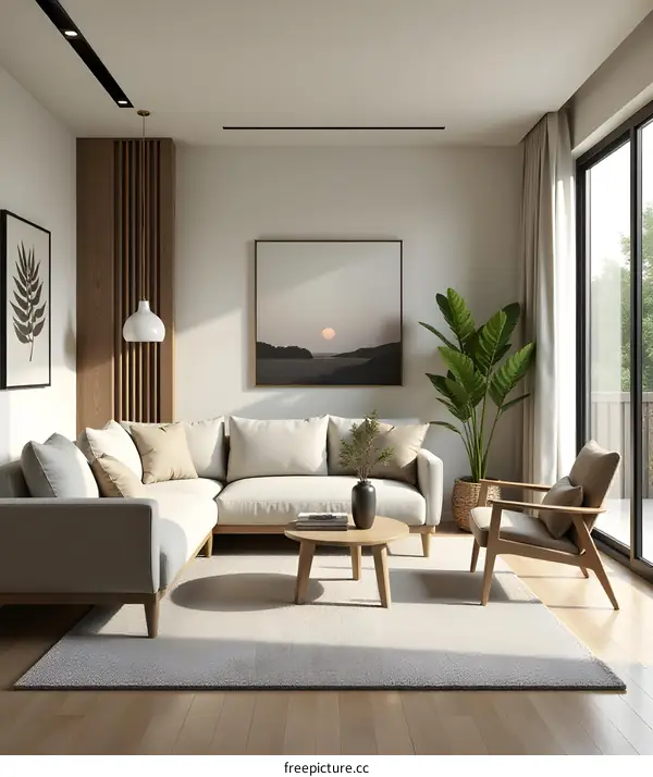 Modern Minimalist Living Room Interior Design With White Sofa And Wooden Coffee Table