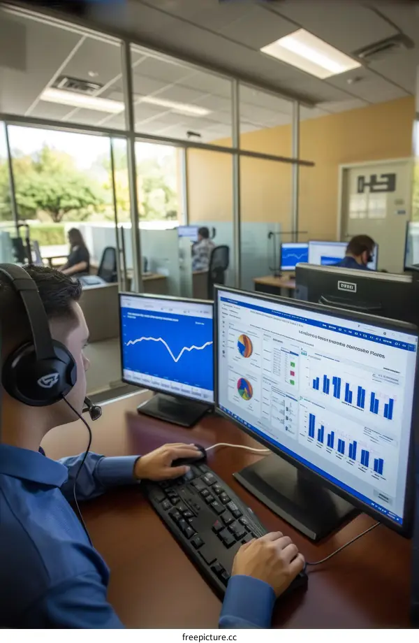 Hispanic call center agent working at his desk