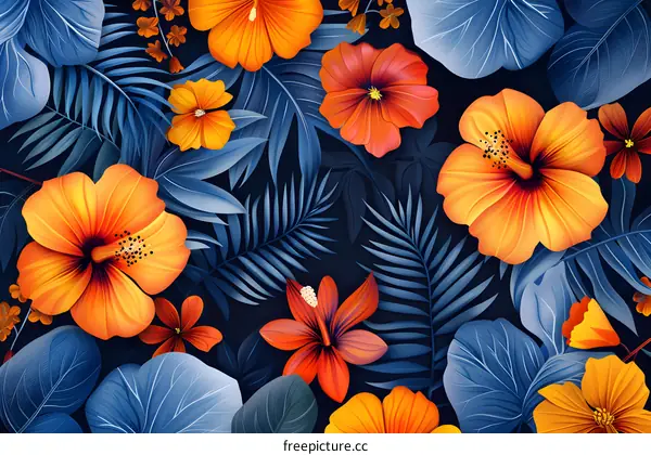 Seamless pattern of tropical flowers and leaves