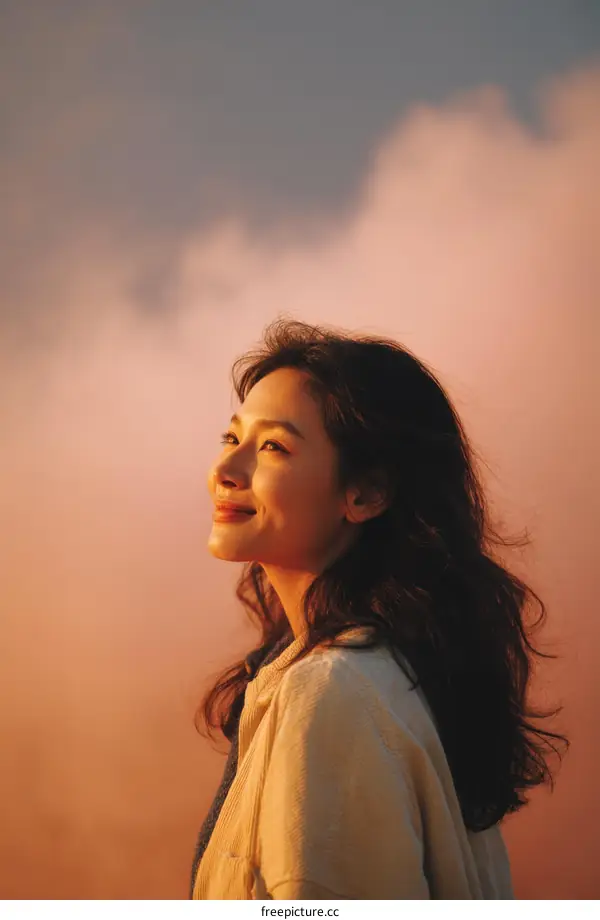 Asian Woman Posing Against Dramatic Sunset Sky
