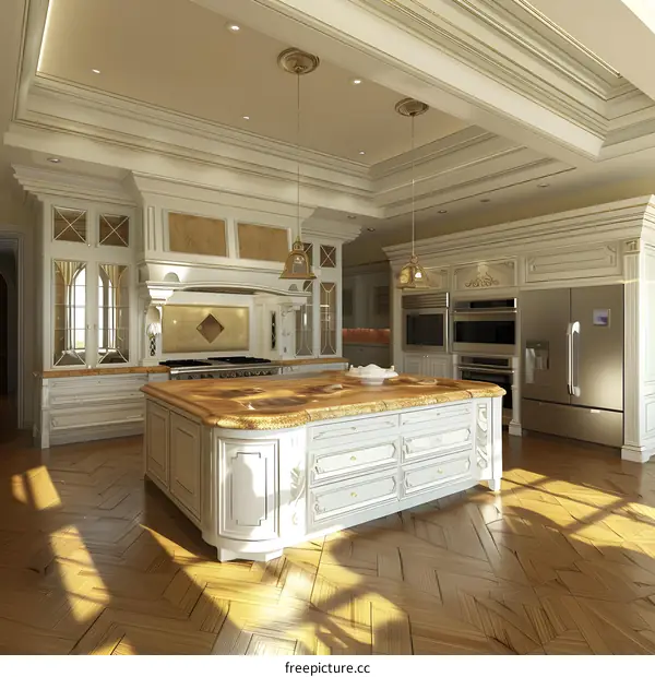 Luxury Kitchen Interior Design With White Cabinets And Island