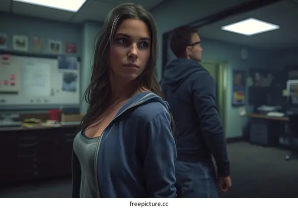 A woman and a man in a dark room