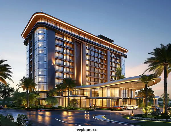 Modern hotel with palm trees