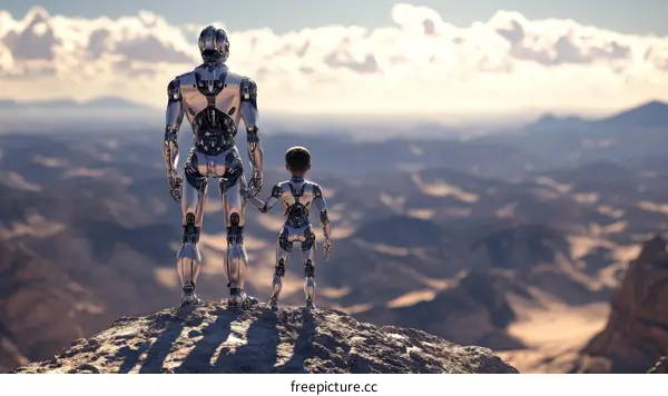 Robots Father and Child Contemplating the Vast Landscape