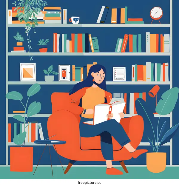 Woman Reading Book in a Cozy Library