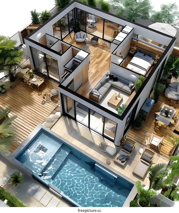 Top view of a modern house with swimming pool