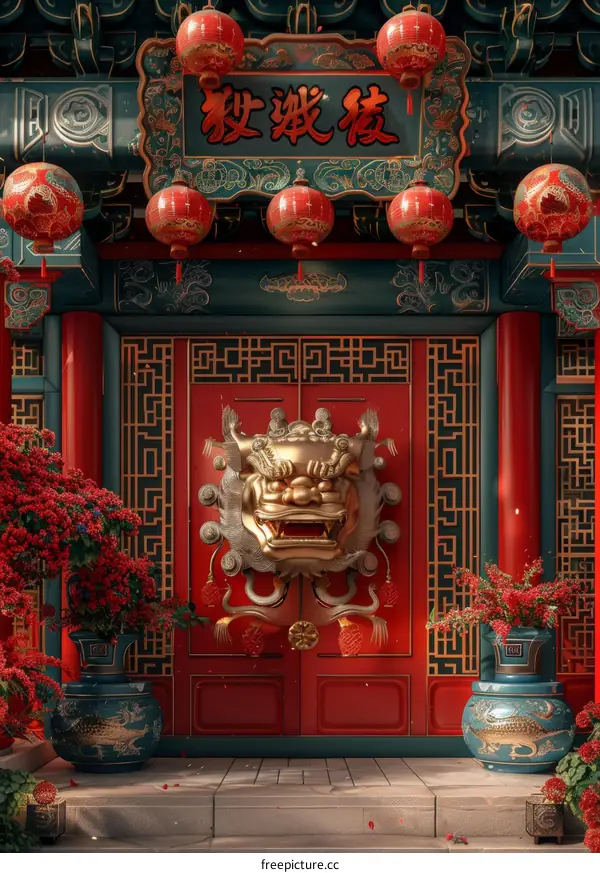 Chinese Traditional Doorway Illustration with Festive Decorations