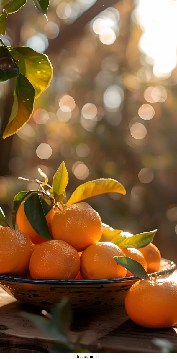 Fresh Oranges In A Bowl With Leaves In The Sunlight