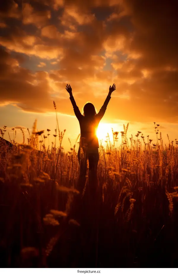 girl standing in a field of wheat raising her hands in the air