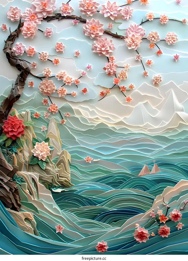 Pink flowers and blue ocean waves papercut illustration