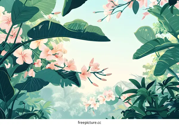 Tropical Jungle with Pink Flowers and Green Leaves