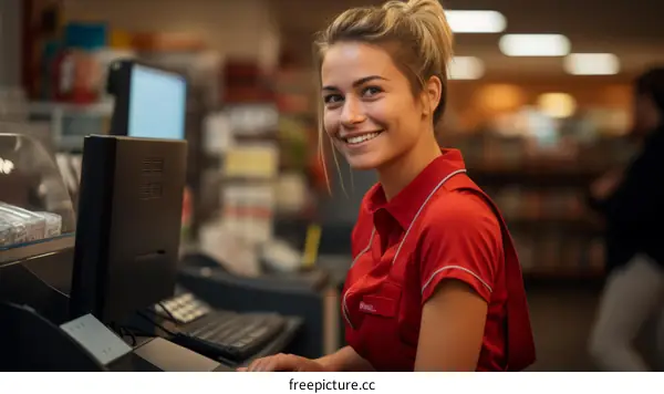 Portrait of a young female cashier at a supermarket checkout counter