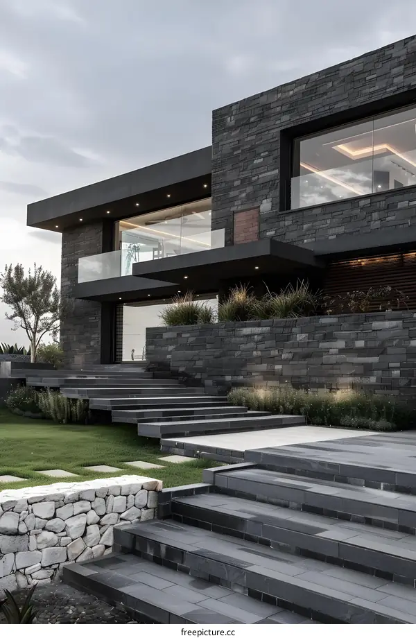 Modern Black Stone Exterior Home With Steps And Landscaping