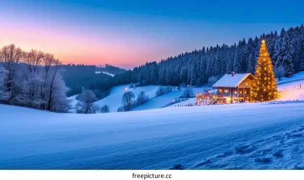 A winter wonderland with a cabin in the woods