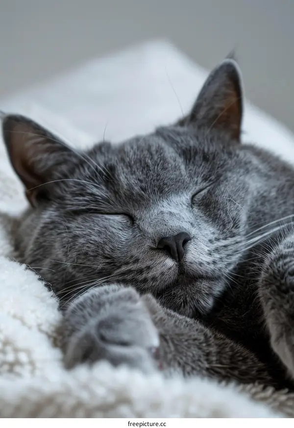 A gray cat is sleeping on a white blanket