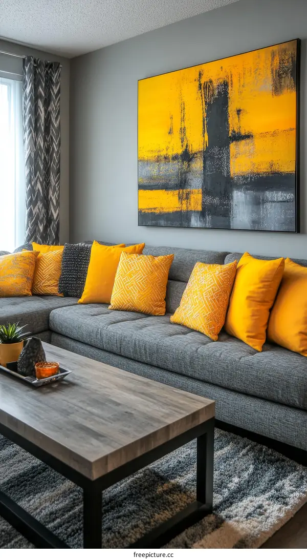 Modern Living Room with Gray Sofa and Yellow Pillows