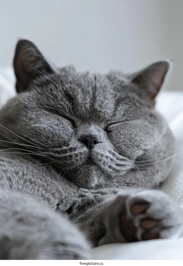 A gray British shorthair cat is sleeping soundly on a white blanket.