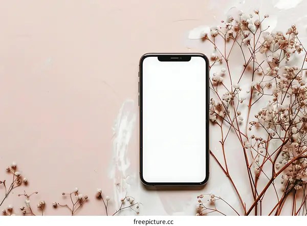 Mobile Phone With Flowers on Pink Background