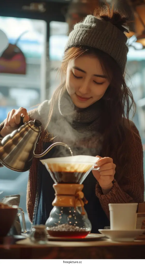 Young Asian woman making pour-over coffee