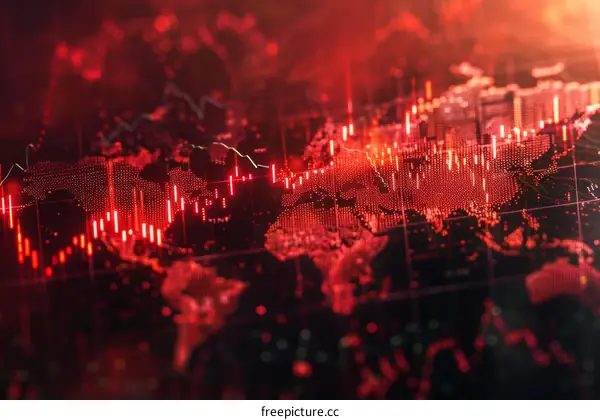 Red glowing stock market graph with world map in background