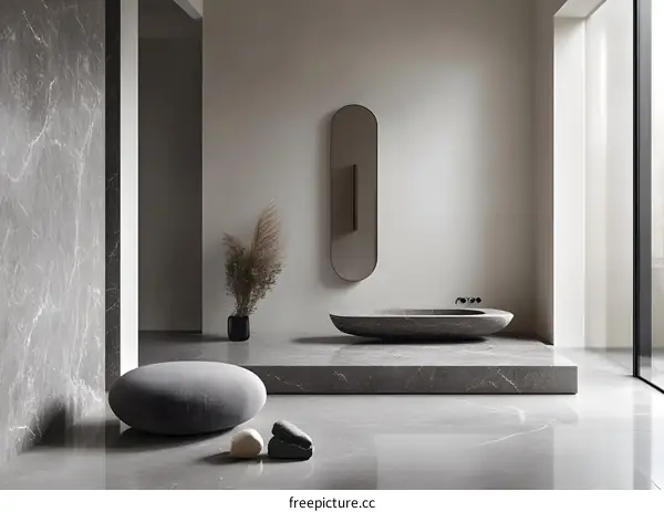 Modern Minimalist Bathroom Interior Design with Oval Mirror and Stone Bathtub